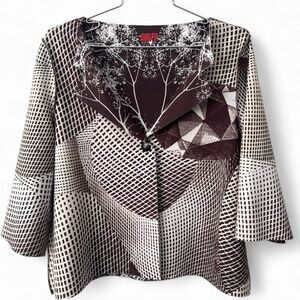 Animapop Jacket Reversible Brown Geometric & Tree Design W/ Button Closure Crop